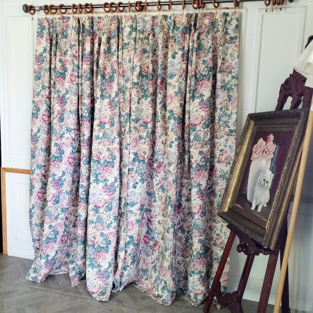 JC Penney 96Wx83L Vtg Drapes Pinch Pleat Lined Cotton Blend Floral USA